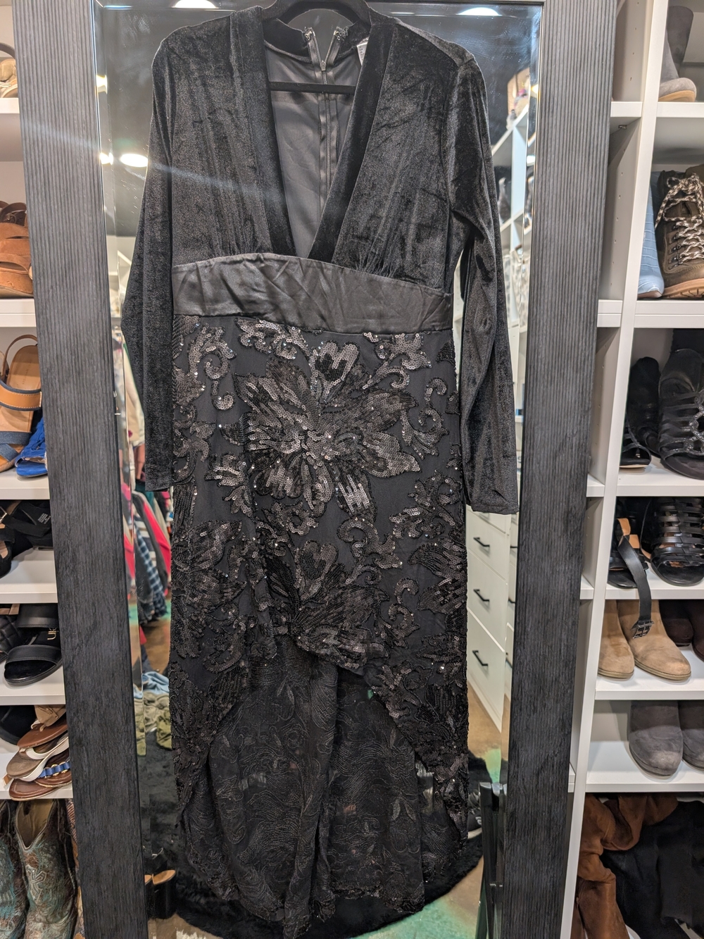 Venus Elegant Black Velvet & Sequin High-Low Dress